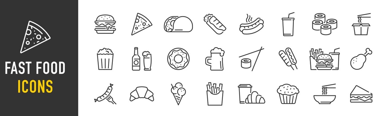 Fast food web icon set in line style. Pizza, chips, burger, french fries, hot dog, collection. Vector illustration.; Shutterstock ID 2271376015